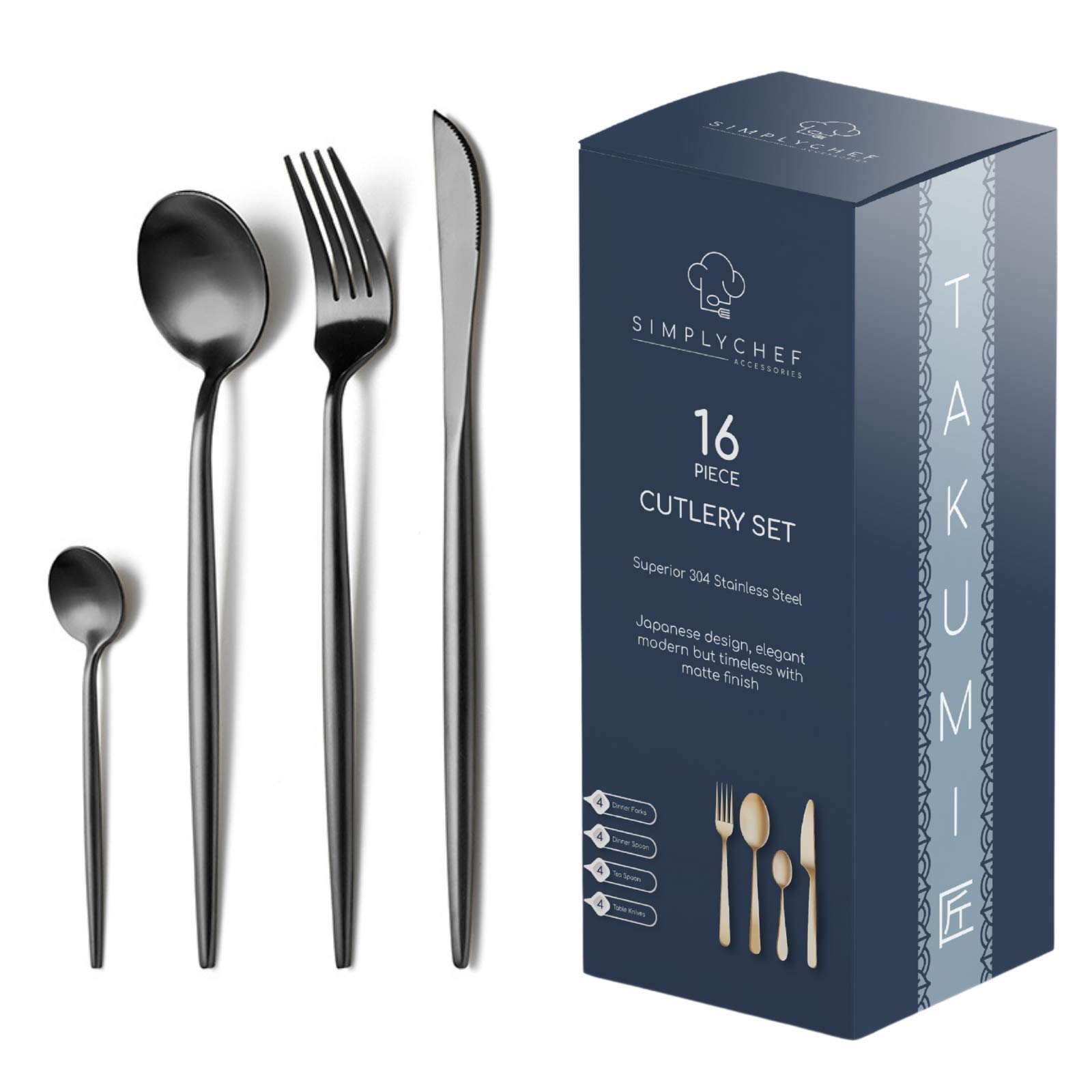 SIMPLY CHEF Black Cutlery Set 16 Piece/Dinnerware/Flatware/Silverware Set Service for 4 |18.10 Stainless Steel Dinner Set