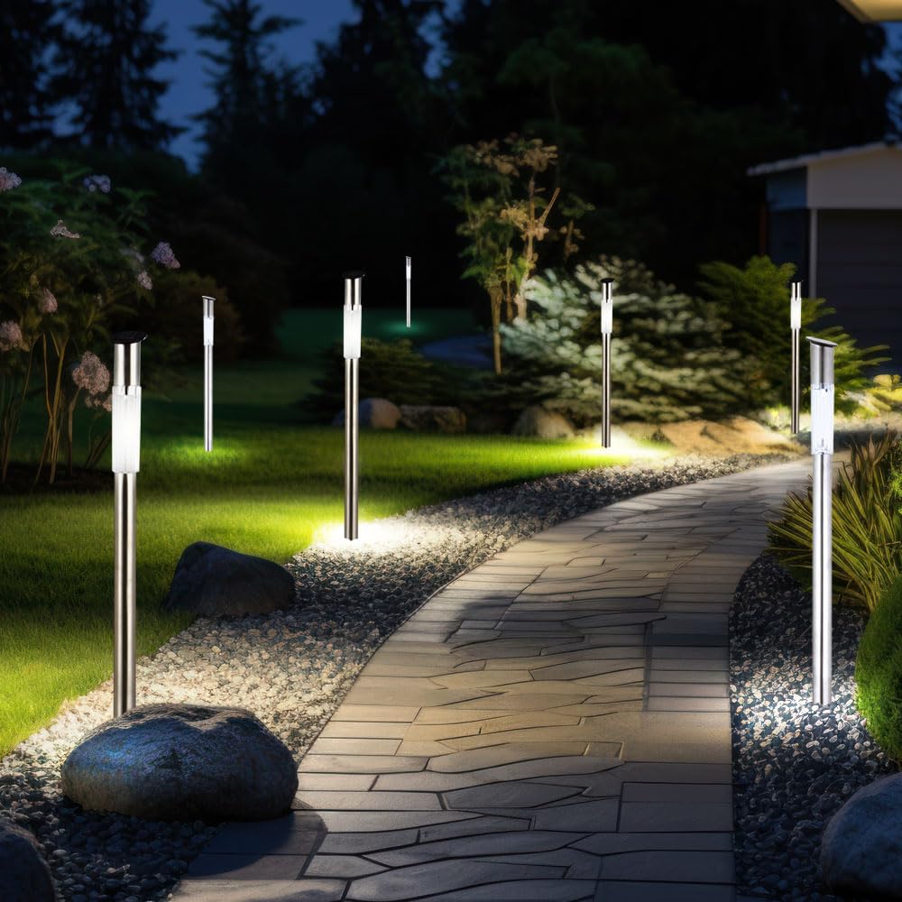 Stecklampe Edelstahl Außenleuchte Stehlampe Solarlampe Wegeleuchte, silber Kunststoff weiß, LED Leuchtmittel, DxH 5x70 cm, 7er Set