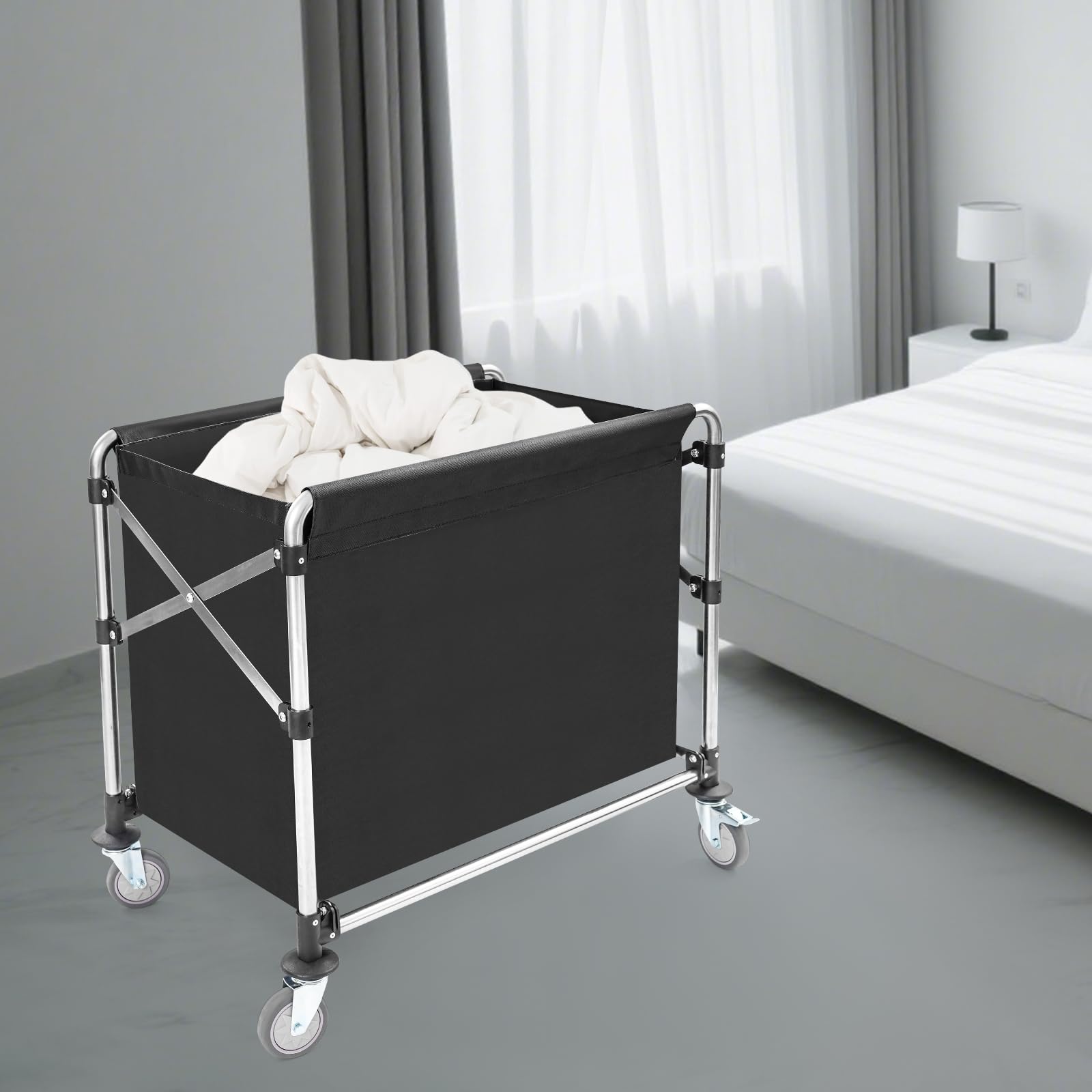 Carrito de lavandería industrial con ruedas, cesta de lavandería con ruedas, carrito de lavandería comercial de acero inoxidable resistente, plegable de acero inoxidable, 87 x 52 x 78 cm (negro)