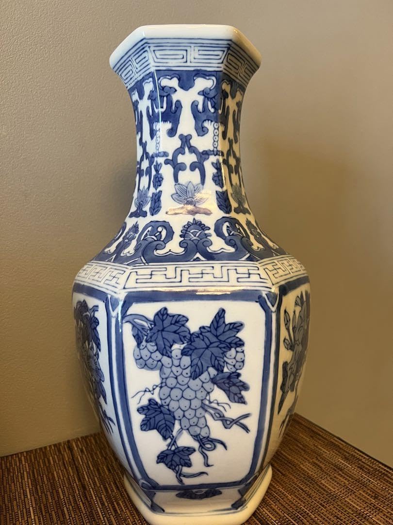 中国 染付花瓶 花器 陶器 壺 六角 葡萄 朝顔 青花☆ Amazon.co.jp: 中国 染付花瓶 花器 陶器 壺 六角 葡萄 朝顔 青花
