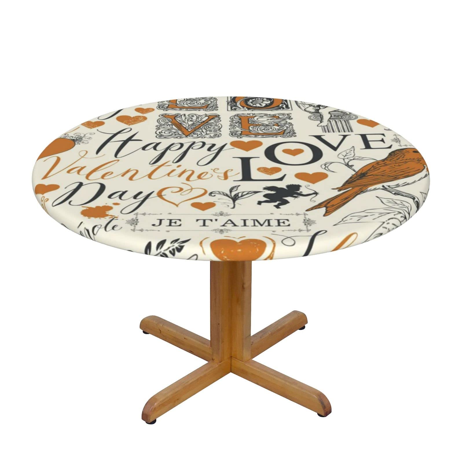 Lsjuee Round Fitted Tablecloth 40-44in Elastic Edged Table Cloth for Kitchen Dining Party Home Decor - French Romantic I Love You Vintage