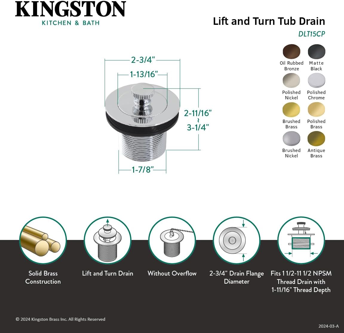 Kingston Brass DLT15MB 1-1/2" Lift and Turn Tub Drain with 1-1/2" Body Thread, Matte Black