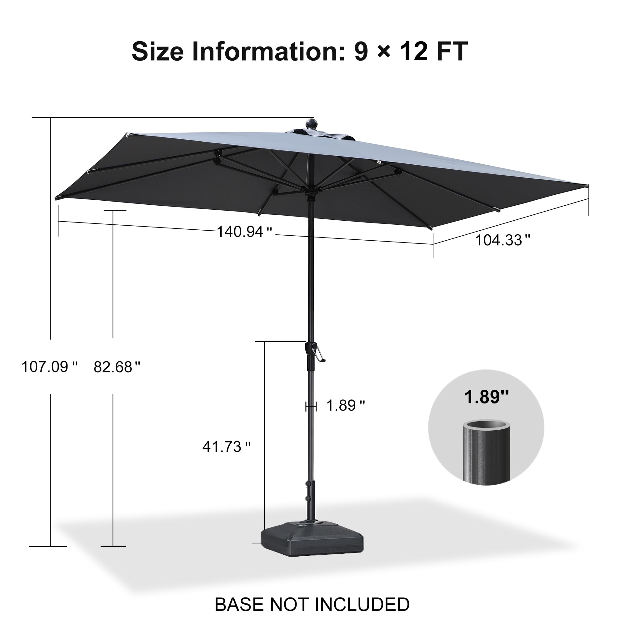 PURPLE LEAF Outdoor Market Umbrella 12' x 9' Rectangle Gray 8 Metal Ribs