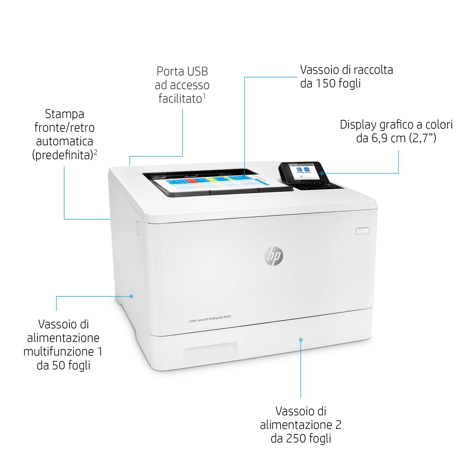 HP LaserJet Enterprise M455dn 3PZ95A, Stampante Singola Funzione A4, Stampa Fronte e Retro Automatico a colori, 27 ppm, USB, Gigabit Ethernet, HP Smart, Schermo Touch da 6,75 cm, Fax, No WiFi, Bianca