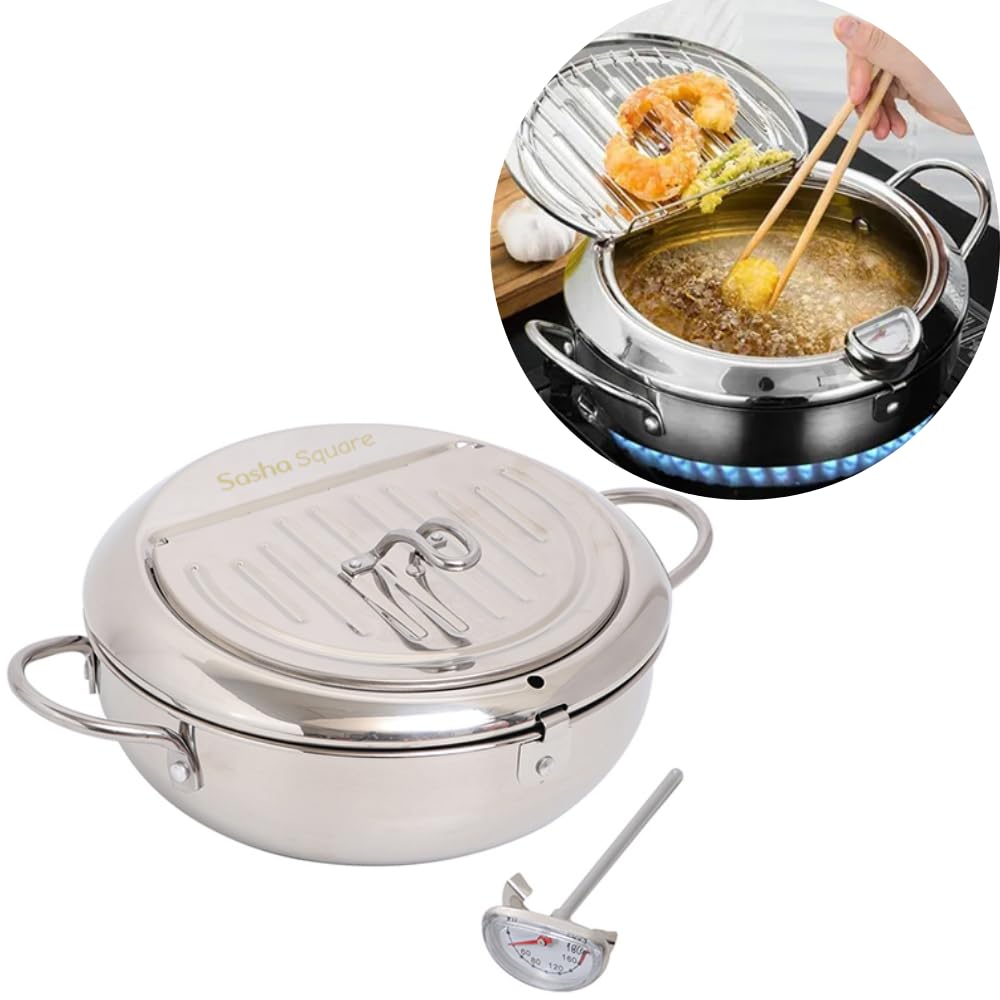 3.2 L Japanese Small Deep Fryer Pot Stainless Steel Frying Pot with Thermometer And Drain Lid To Remove Extra Oil Back In The Pot, freidora de aceite para estufa