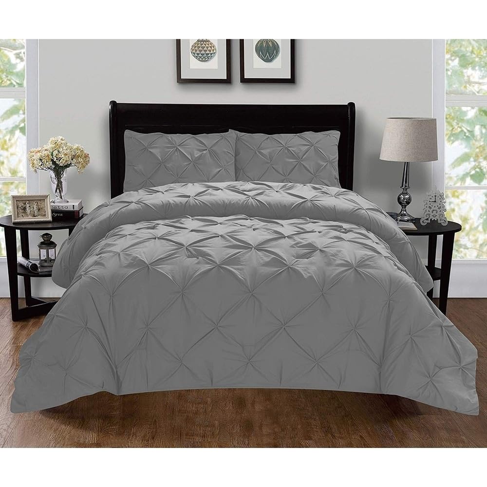 Silky Soft 3 Piece Pretty Pleated Pintuck Tufted Design Boho Duvet Cover Full/King Size | All Seasons Dark Gray Color Shabby Chic Bedding Aesthetic Luxury Look Stain Wrinkle Free