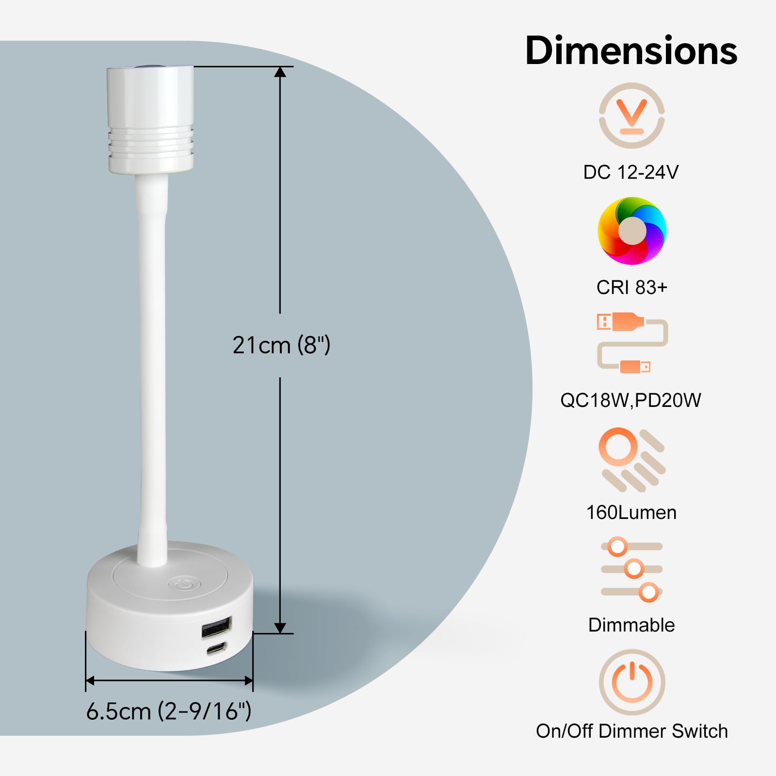2 x Lampade da Lettura Camper LED 12V, 3200K (Dimmabile) e Luce Notturna Rossa Soffusa, Dotato di Caricabatterie USB-A e USB-C, per Barca Furgone Cabina, Flessibile Collo di Cigno (Bianco)