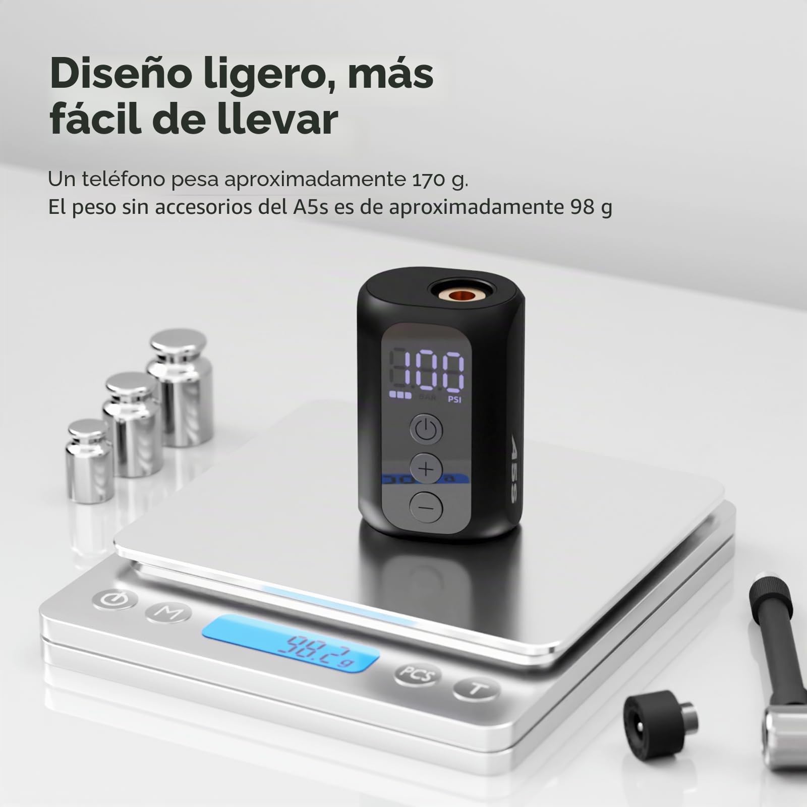 A5S Mini Bomba Bicicleta, Bomba de Aire Portátil para Bicicleta con Manómetro,100PSI Electrico Bicicleta con válvula Presta y Schrader,Parada Automática