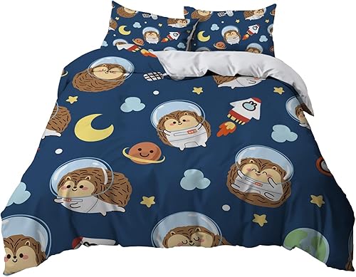 Miniatura 7 de Juego de funda de edredón creativa de búho, juego de ropa de cama con estampado espacial de nave espacial, funda de edredón de microfibra