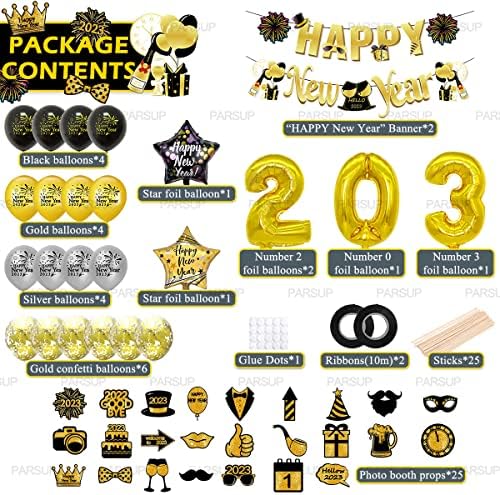 New Years Eve Party Balloon Decorations 2023, Black Gold Happy New Year Decorations, Happy New Year Banner, 32inch 2023 Foil Balloons, 18inch Star Foil Balloons, Latex Confetti Balloons