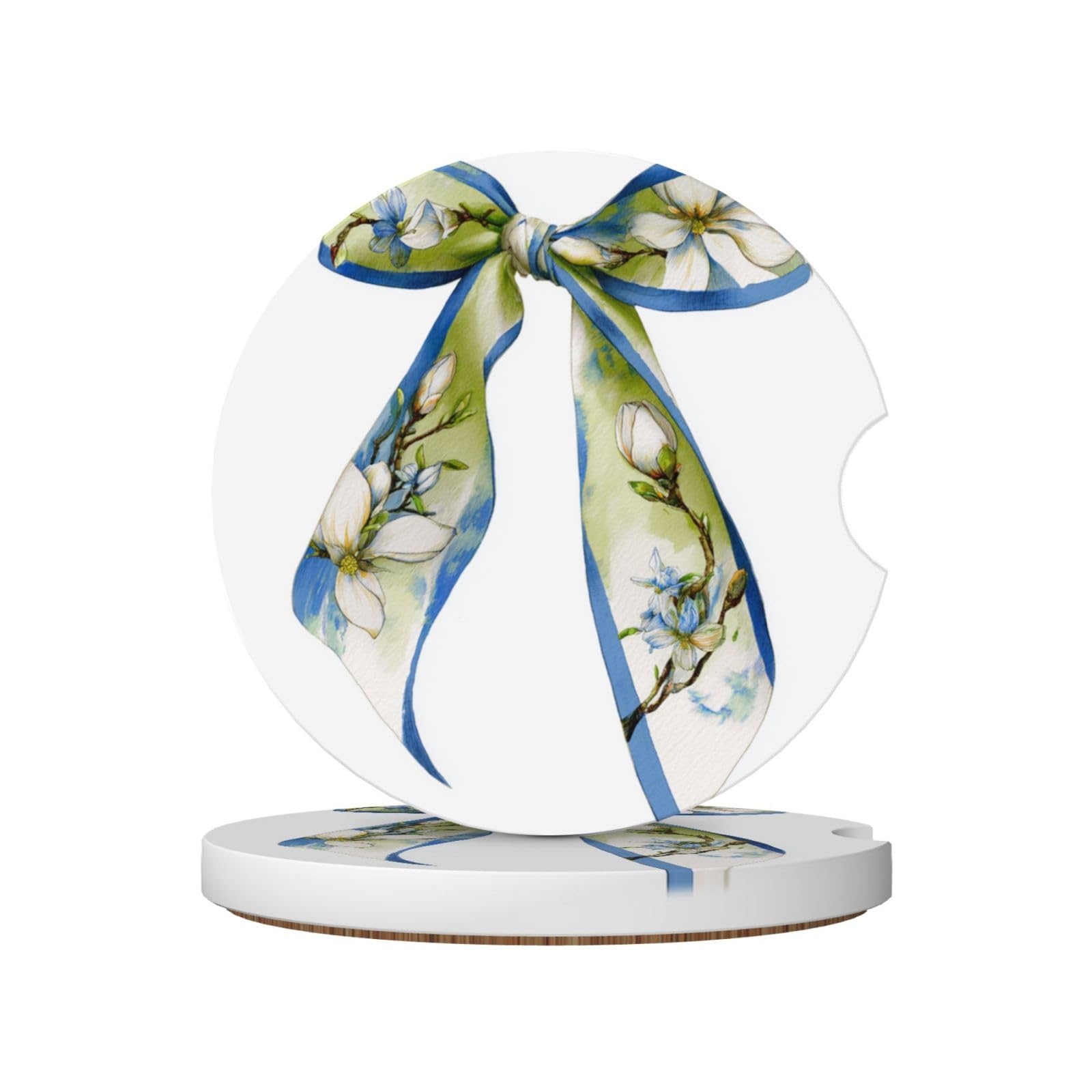 Watercolor Magnolia Floral Printed Ribbon Bow Ceramic Coasters,2pcs