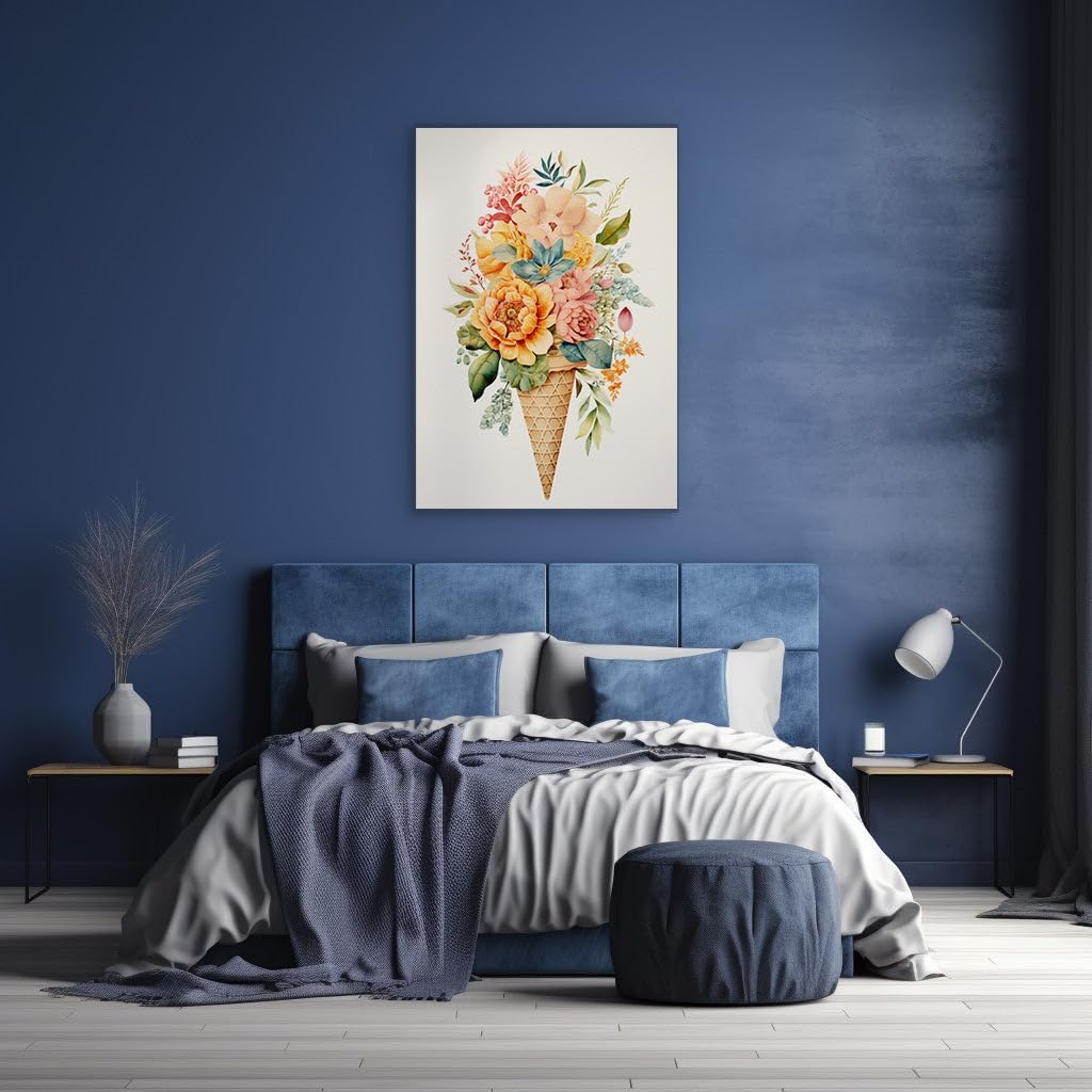 Canvas for Living room. Floral Delight in a Cone � Ice Cream Imagery Reimagined with Vivid Blossoms, 27 x 18 inch Canvas Wall Art - Vibrant Pops Of Color - Botanical Home Decor - 69x46 cm (27x18 inch)