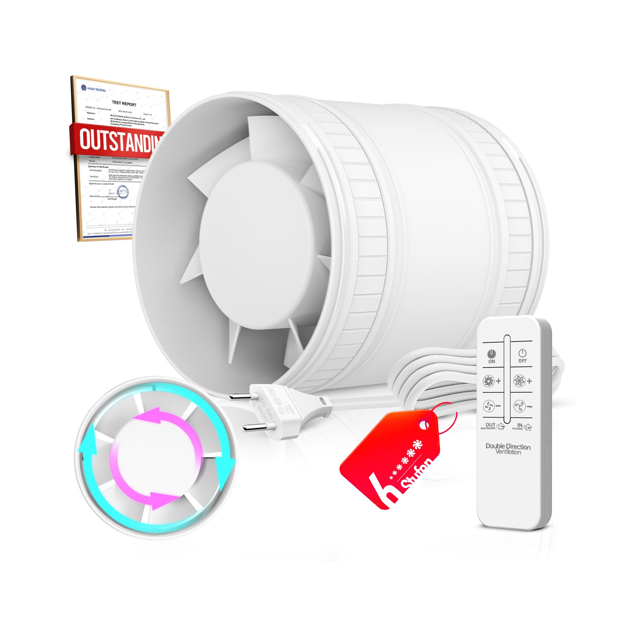 BUMSOU 100mm Extractor de Aire en Línea Bidireccional, 6 Velocidades, Mando a Distancia – Ventilador de Conducto Silencioso Potente con Protección contra Sobrecalentamiento, Extractor de Baño Aseo