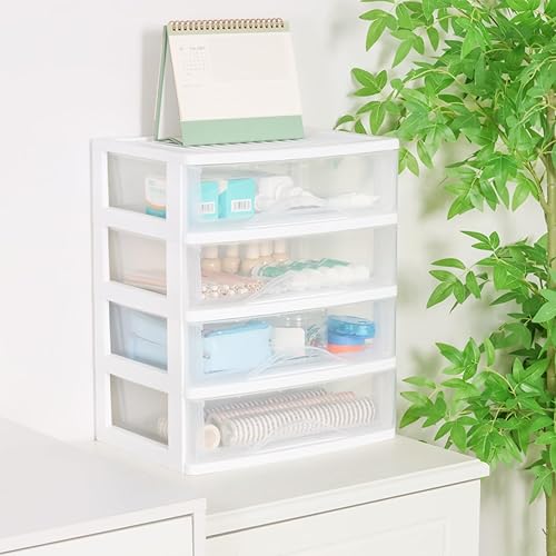 Miniatura 2 de BYCY Almacenamiento apilable de plástico con 4 cajones, organizador de maquillaje de baño blanco con cajones anchos transparentes, organizador de