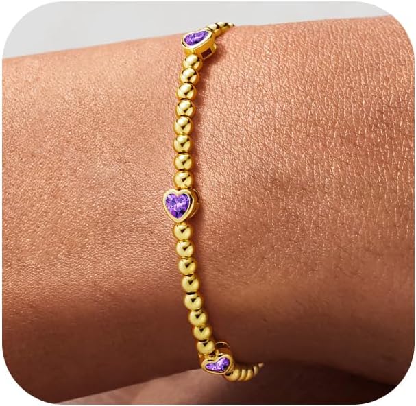 M MOOHAM Heart Birthstone Bracelet for Women - Dainty 14K-Gold-Plated Heart CZ Birthstone Bracelets Stretch Beaded Trendy Jewelry Bracelet Birthday Gifts for Women