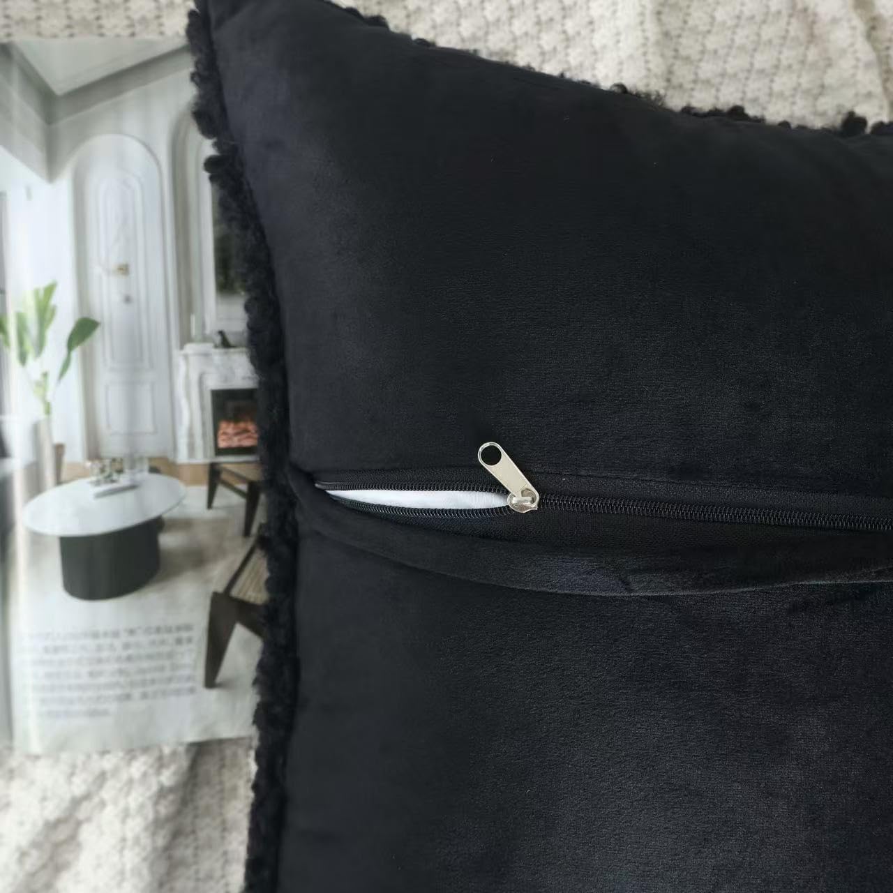 OYIMUA Black Faux Fur Decorative Pillow Covers 20x20 Soft Fluffy Sherpa Boucle Throw Pillows Teddy Bear Textured Neutral Pillow Cases for Couch Bed Living Room