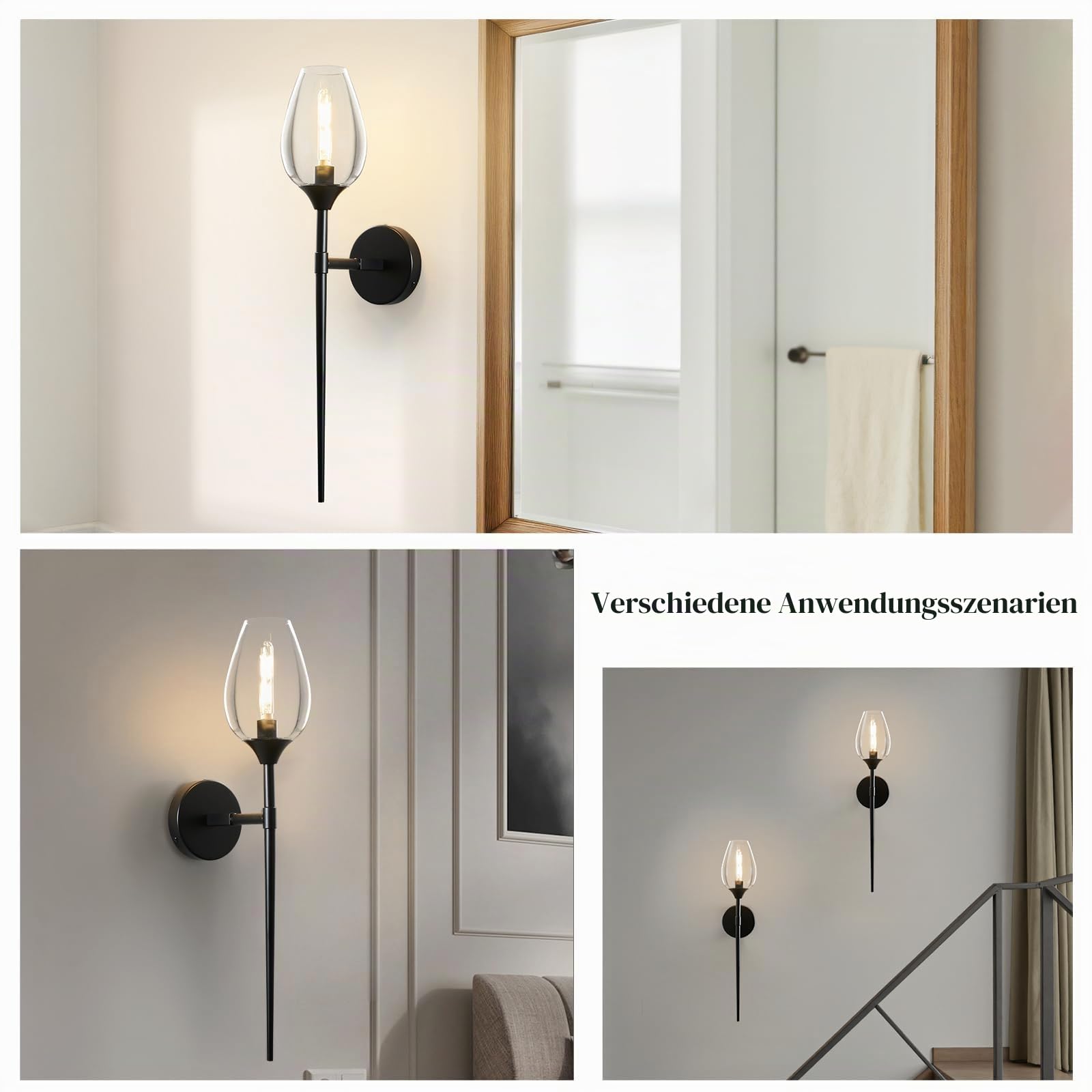 Modern LED Wandleuchte Innen, 2er Set Kreativ Weinglasform Glas Wandlampe Warmweiß, Wandlicht Wandbeleuchtung für Schlafzimmer Wohnzimmer Treppenhaus Badezimmer (Schwarz)
