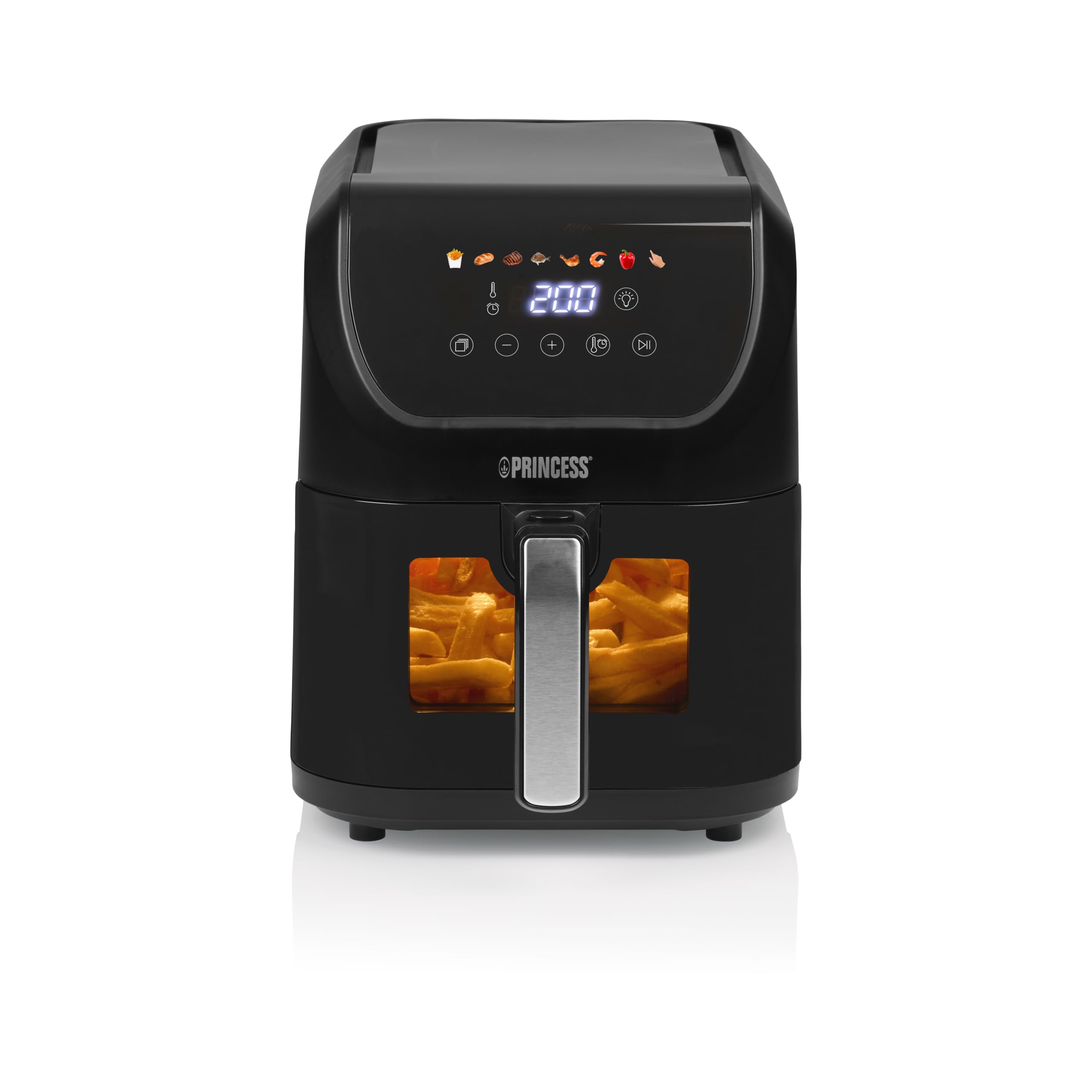 Princess Slim Airfryer 5,5 L - 1500 W - silencioso (55 db) - Diseño compacto - Sin aceite - 8 programas de cocina - Termostato ajustable - Recubrimiento antiadherente, Pilotos de color