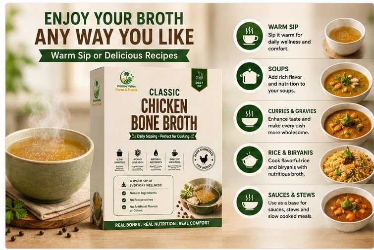 Image of Pristine Valley Farm & Foods Classic Chicken Bone Broth for Human 250g| Slow Simmered Chicken Stock | Daily Sipping Wellness | Ready to Sip & Perfect for Cooking | Rich in Natural Collagen & Protein | No Added Preservatives |