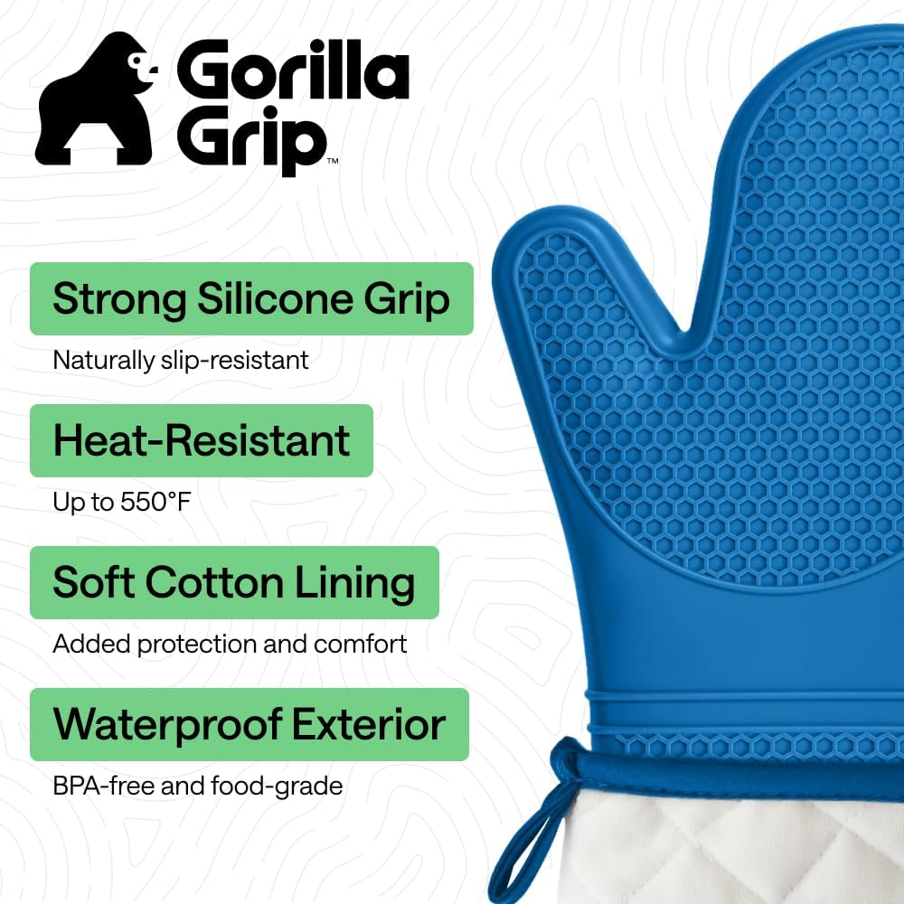 GORILLA GRIP BPA-Free Soft Silicone Oven Mitts, 550F Heat Resistant Waterproof Cooking Safety Gloves, Thick Cotton Lining, Flexible Gripping for BBQ Grilling, Kitchen Potholders Set, 12.5x8.3, Aqua