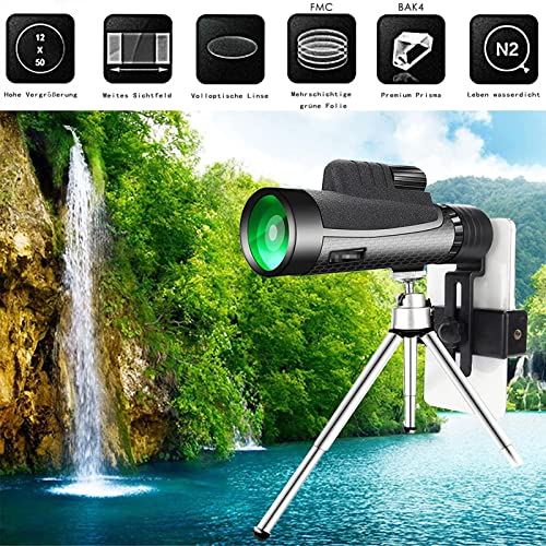 Monocular 12x50 HD impermeable con trípode y soporte para móvil 5