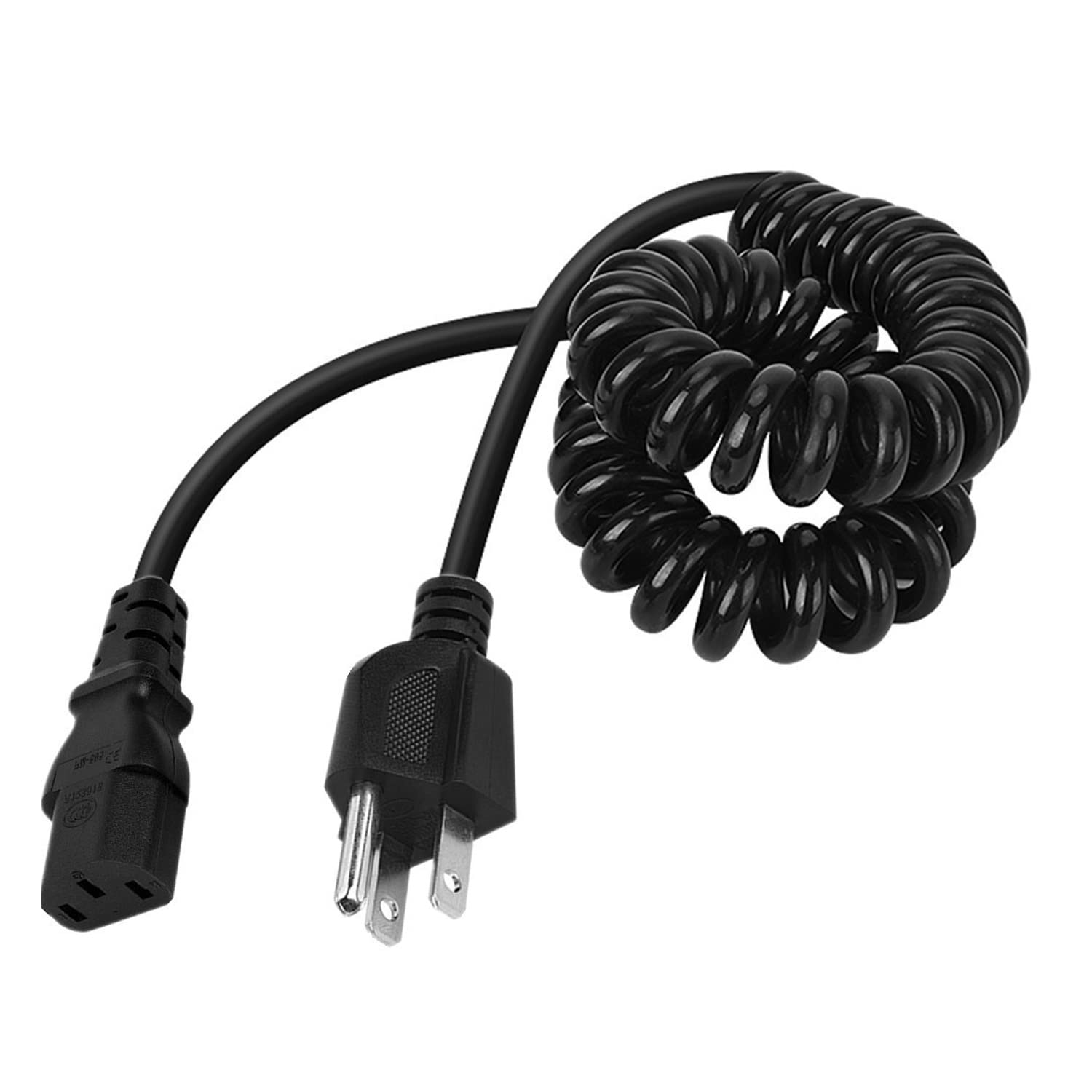 Cavo a spirale a 3 pin, 18 AWG, 125 V, 10 A, 2,5 m, adatto per TV, computer, stampante, radio, monitor, laptop, ecc. (Nero)