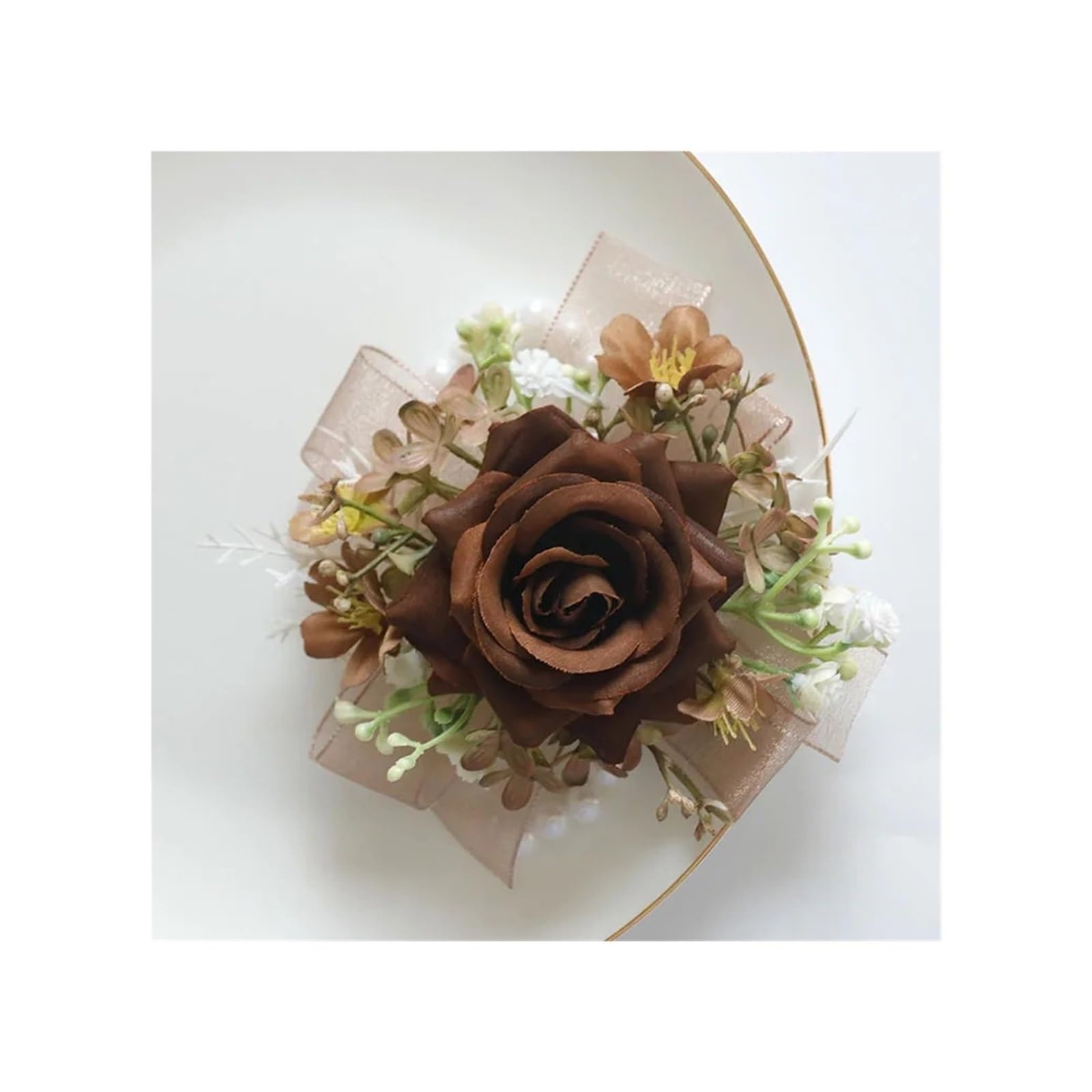 Lot de 4 bouquets de fleurs artificielles bohèmes pour mariage, fête d'affaires, ouverture, boutonnière, fleurs à la main, marron (fleur à la main)