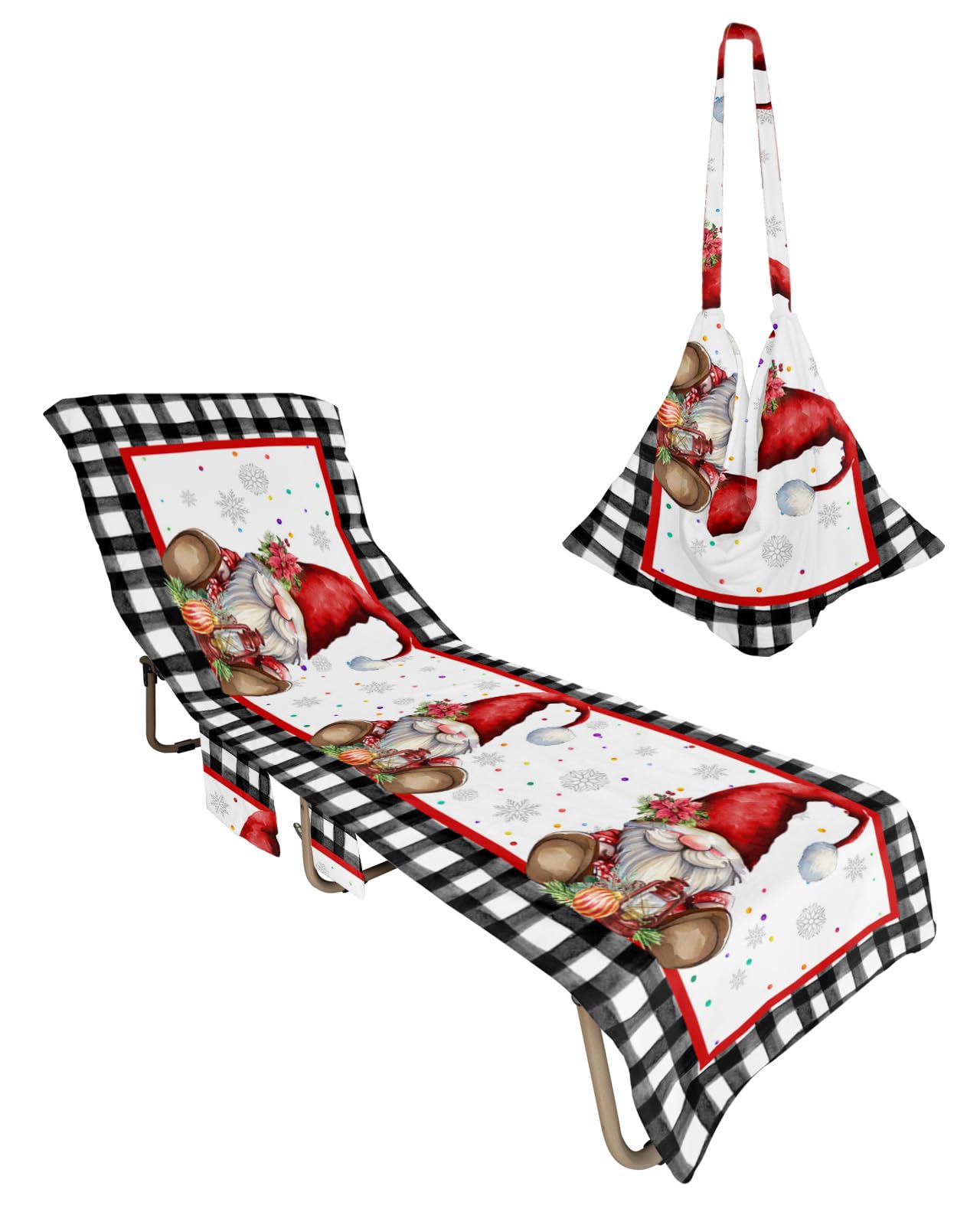 Christmas Gnomes, Beach Lounge Chair Towel Cover, Soft Chaise Lounge Towel with Side Pockets Patio Pool Chairs Cover for Beach/Pool Sunbathing 29x85 Rustic Red Xmas Flower Snowflake Plaid