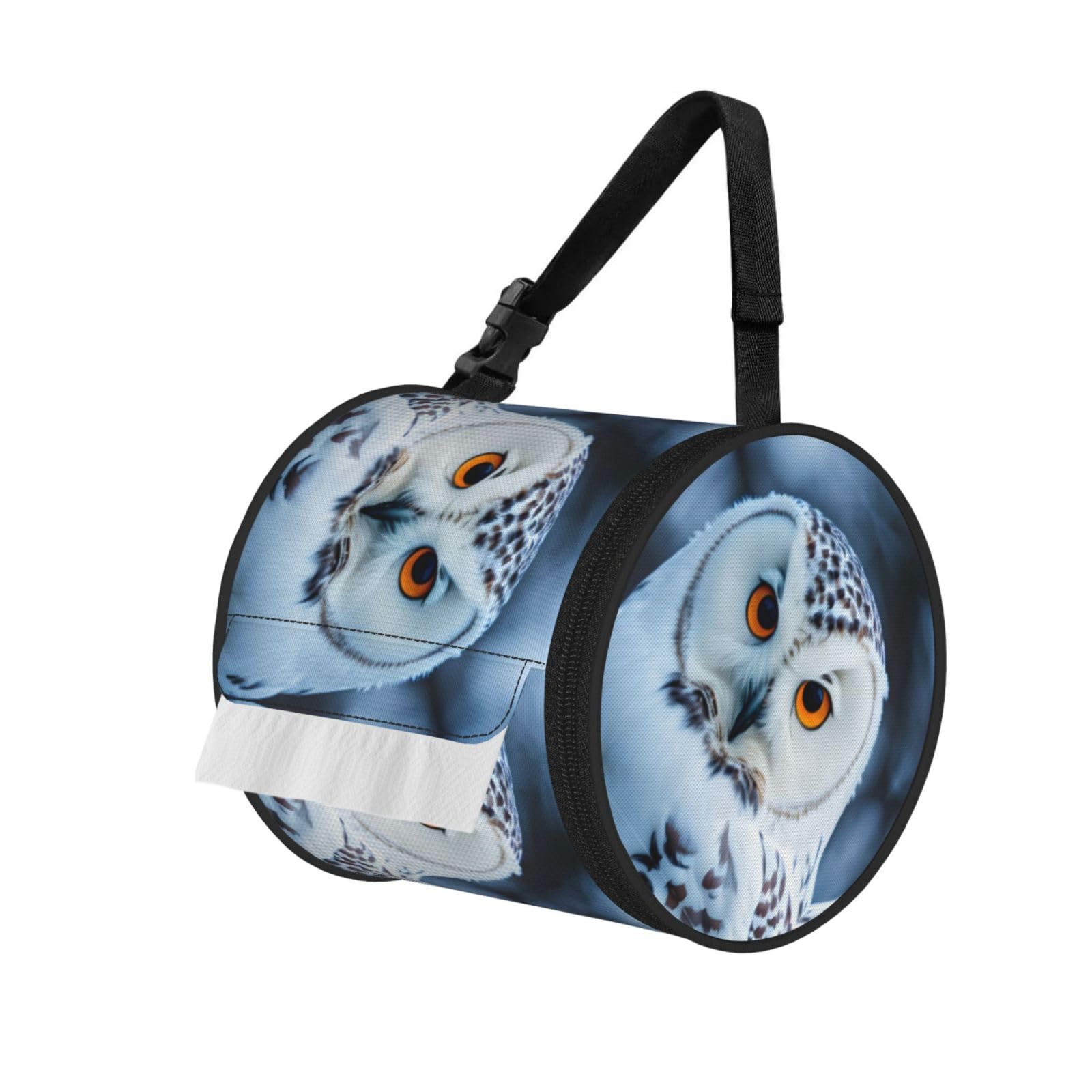 Jiuty Black Snowy Owl Eyes Print Cylinder Tissue Organizer Bag With Strap, Portable Toilet Roll Holder For Camping Car