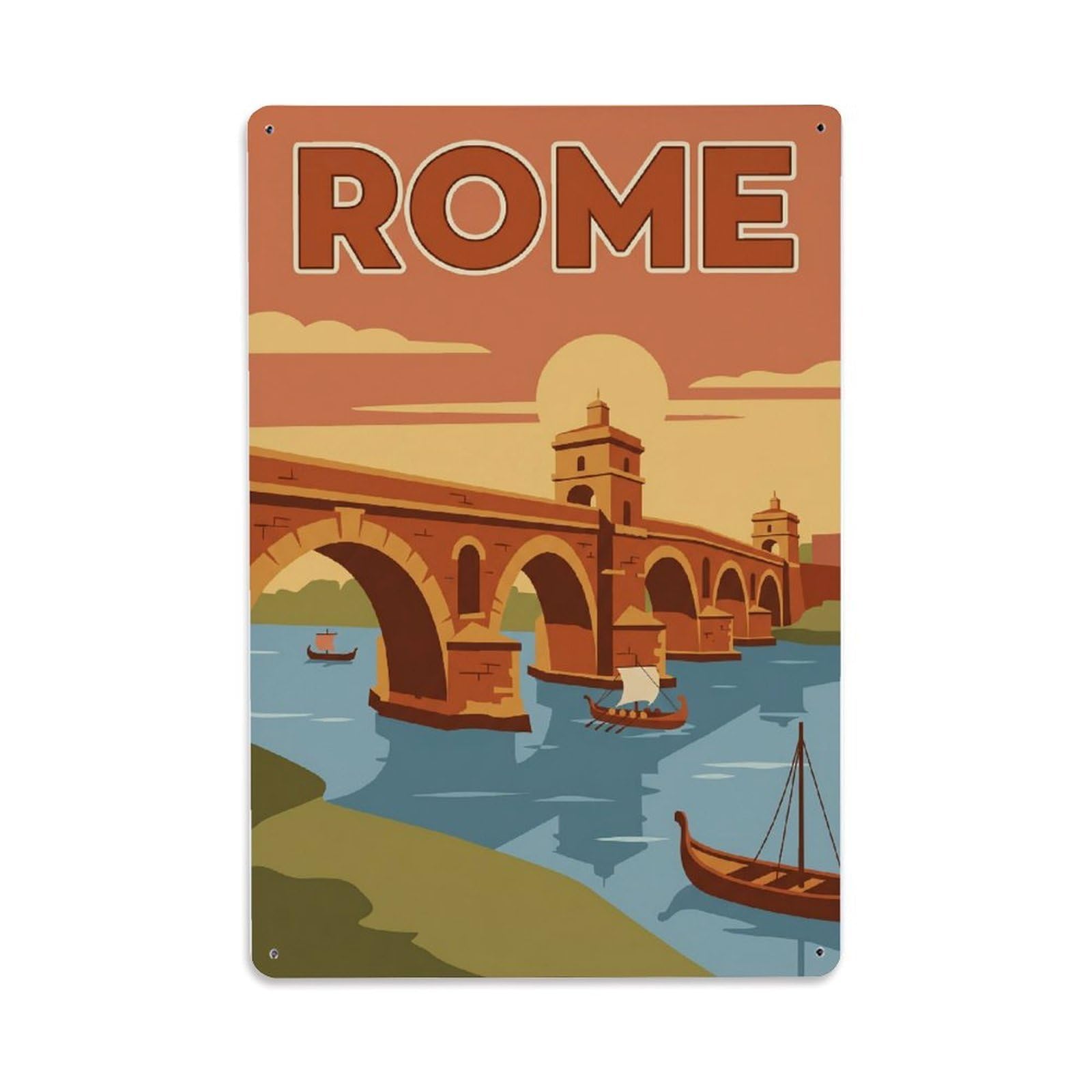 Vintage Travel Rome Ponte Milvio Ancient Historic Bridge Italy Metal Tin Sign Plaque Wall Decor for Cafe, Club Bar, Office, Home Garden Metal Poster 8x12Inch