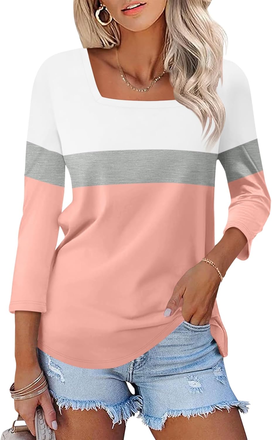 TICTICMISS Womens 3/4 Sleeve Square Neck Tops Casual Summer Tops Trendy ...