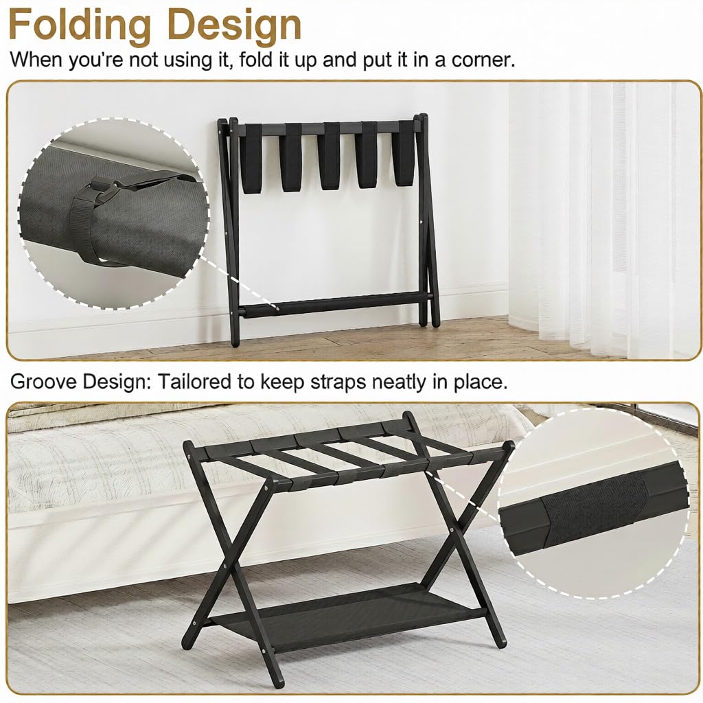 BAMBOOHOMIE Paquete de 2 portaequipajes de bambú para habitación de invitados, soporte plegable de 26.7 pulgadas con estante de almacenamiento de tela, soporte de equipaje grueso para dormitorio