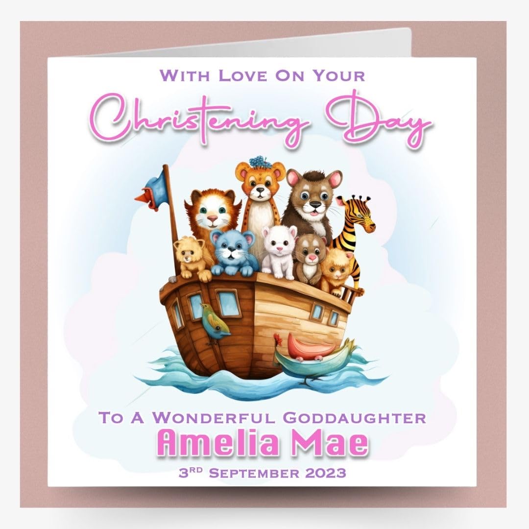 All Things Personal Personalised Christening Card with Badge Set and Money Wallet, Pink Noah's Ark Design, for Goddaughter Daughter Granddaughter Niece Sister (Large Card Only)