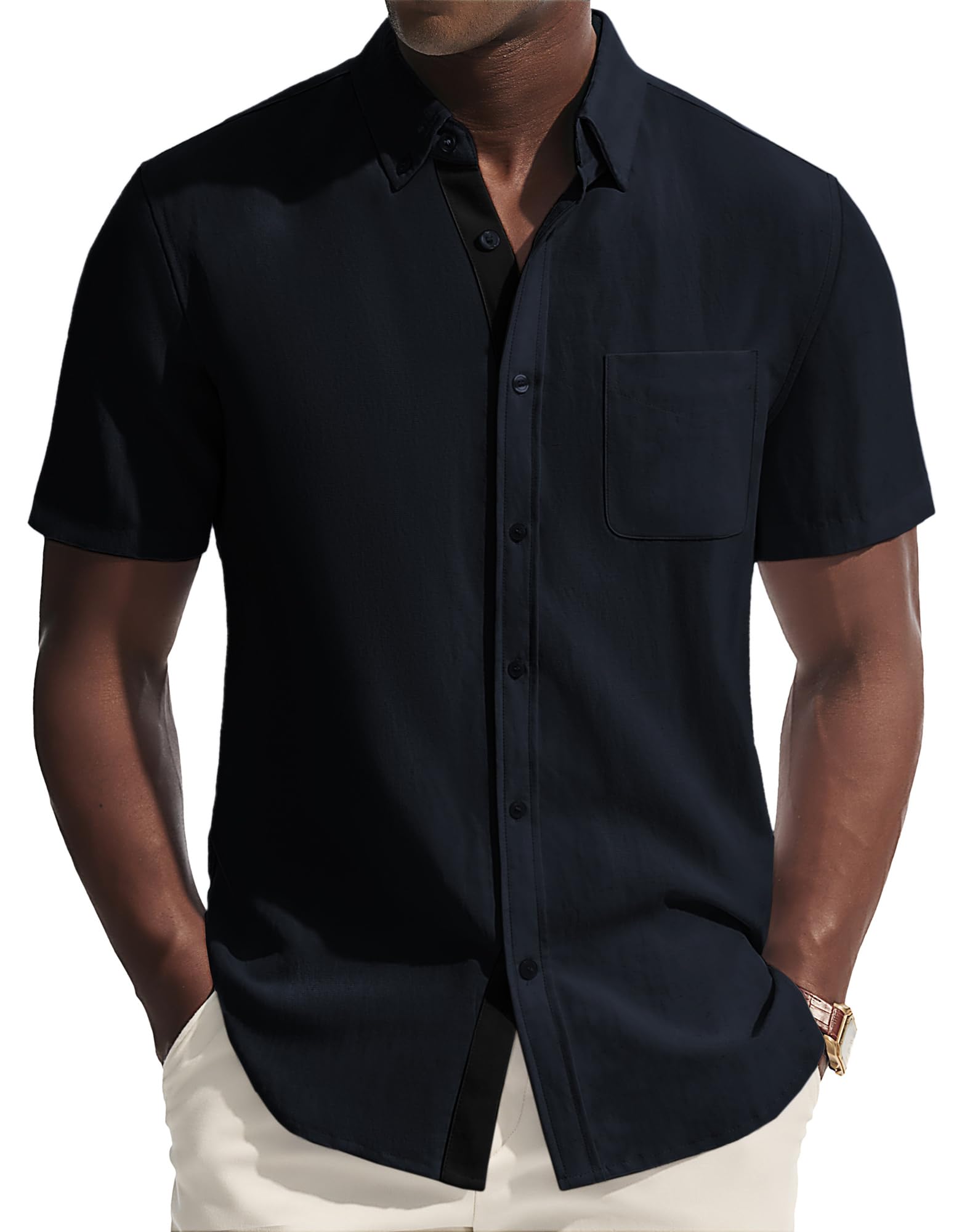 PJ PAUL JONES Mens Button Down Shirt Linen Short Sleeve Dress Shirts for Men Beach Summer Wedding Untucked