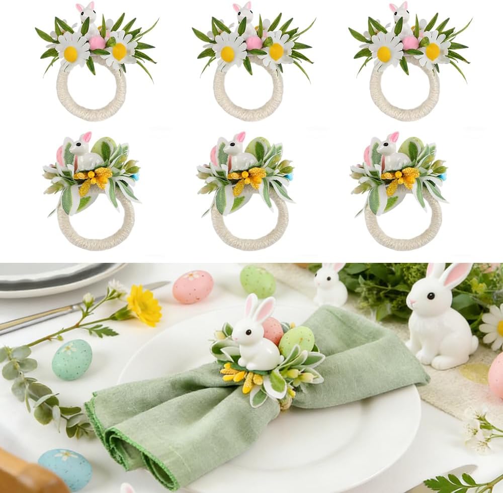 Easter Napkin Rings Set of 6, 2 Styles Bunny & Egg Decorative Napkin Holders, Spring Floral Table Decor for Easter Dinner, Brunch, Wedding, Spring Party & Holiday Table Settings