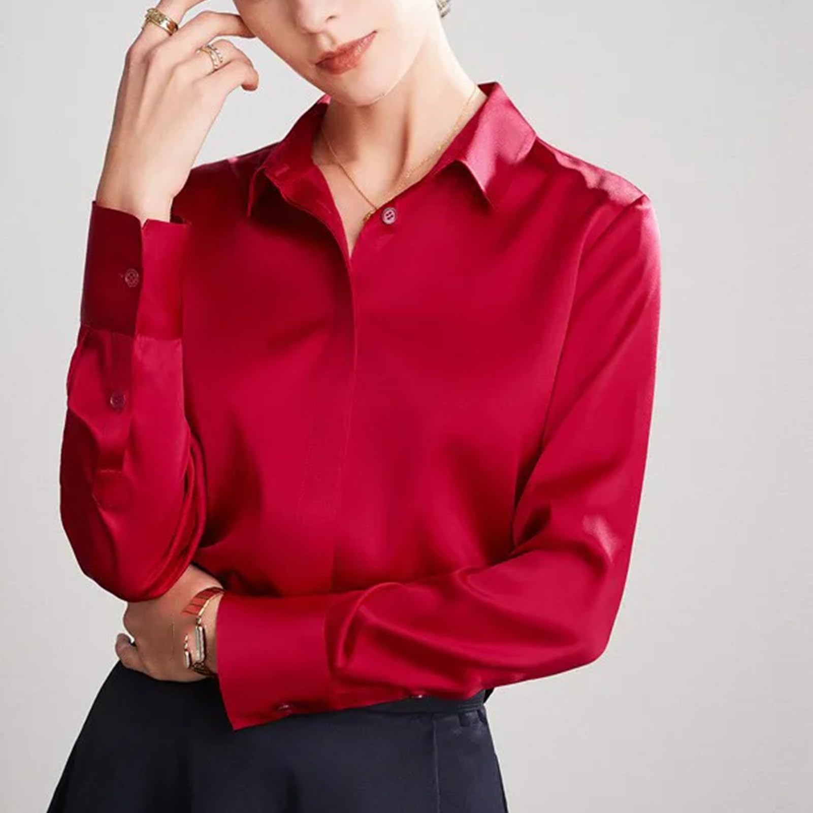 Vogrtcc Blusa de seda para mujer con encaje cosido de manga larga para oficina
