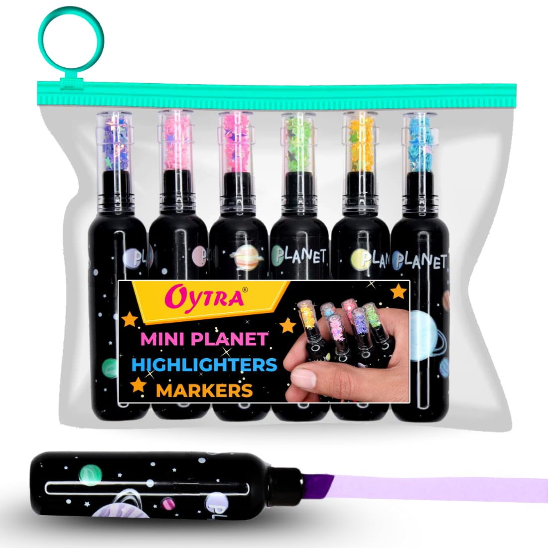 Oytra Highlighter Marker Aesthetic Pens 6 Pcs Space Themed Cute Mini Colorful Bottle Shaped Highlighters for Girls & Boys Korean Stationery for School & Office, Multicolor