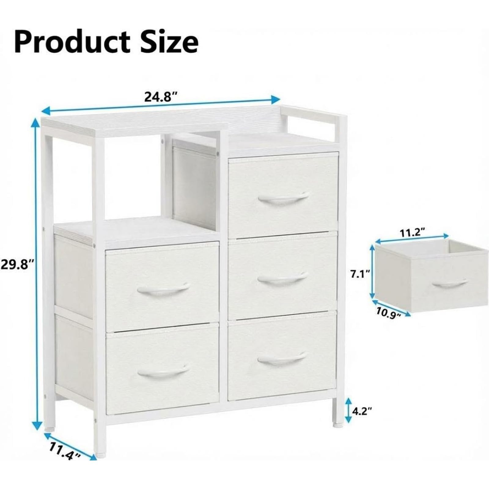 Aktenschrank 5 Schubladen, passend für A4, 63×29×72 cm | Rollbarer Büroschrank mit 5 Stoff-Schubladen und offenem Ablagefach, Druckerständer aus Metallrahmen und MDF-Platte