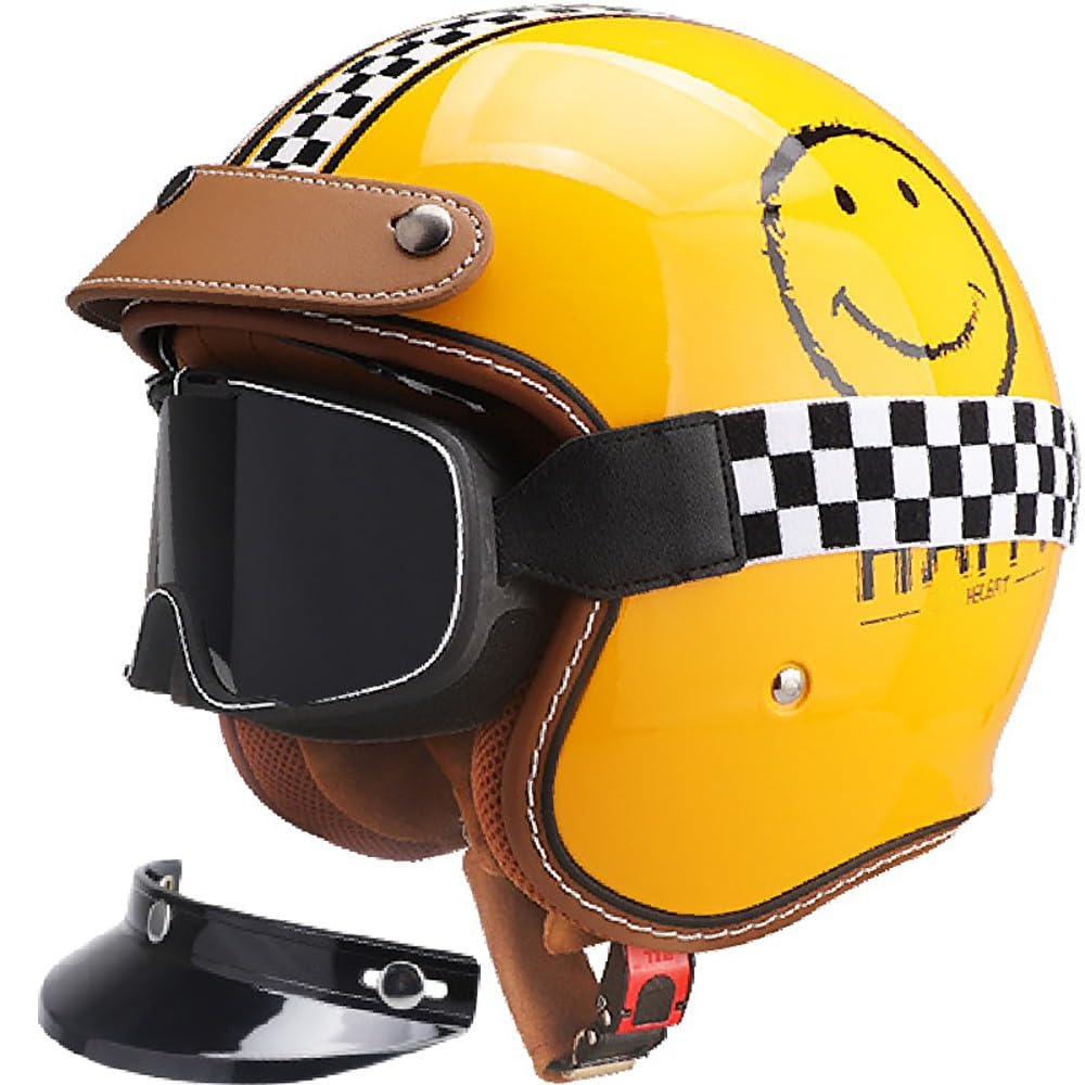 Retro 3/4 Motorrad Helm Jethelm Vintage-Roller-Helm, DOT/ECE-Zertifizierter Retro-Motorradhelm mit Doppelvisier, Jet-Helm Scooter-Helm für Damen und Herren, Leichter Moped-Helm