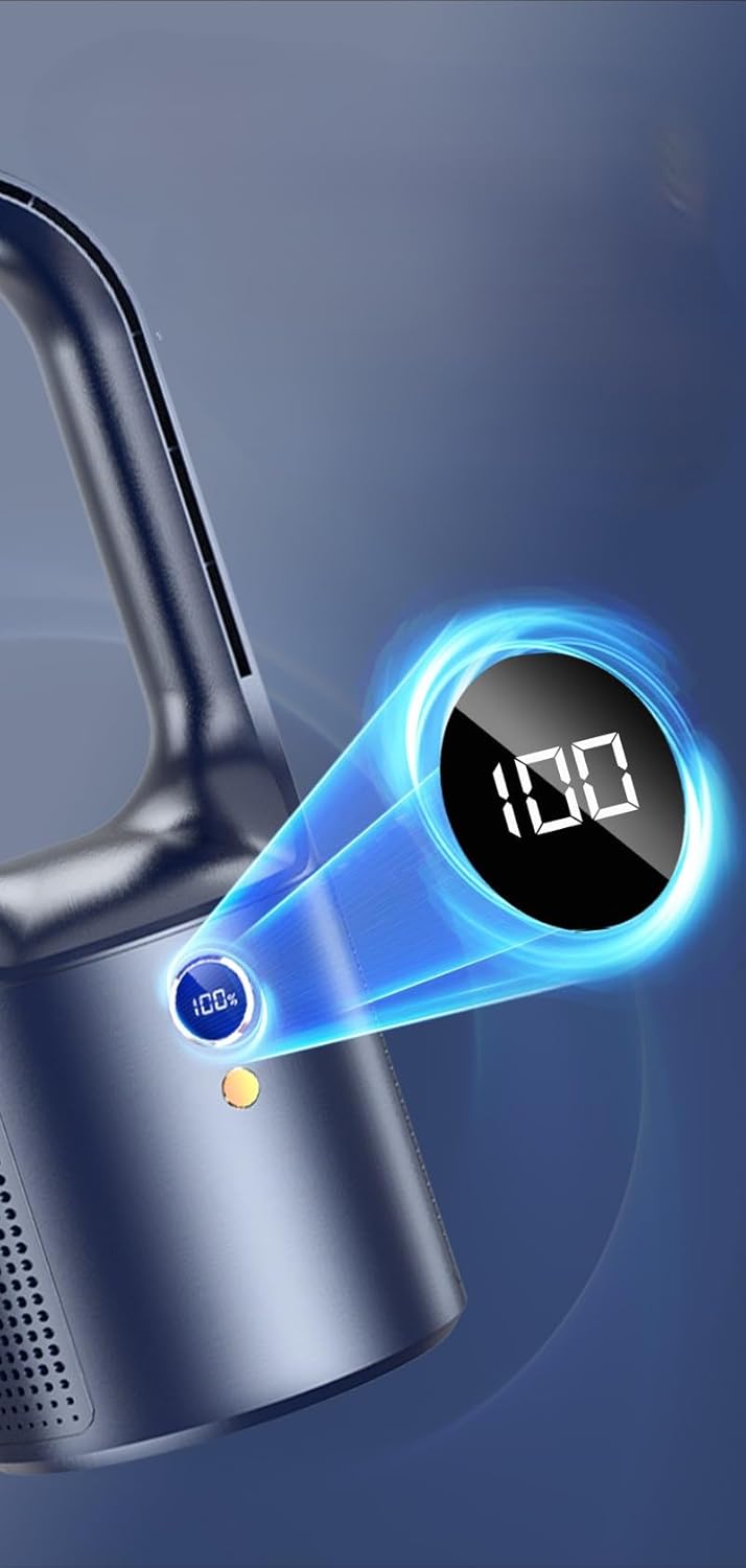 Close-up of the dark blue fan's digital display showing '100%' battery level
