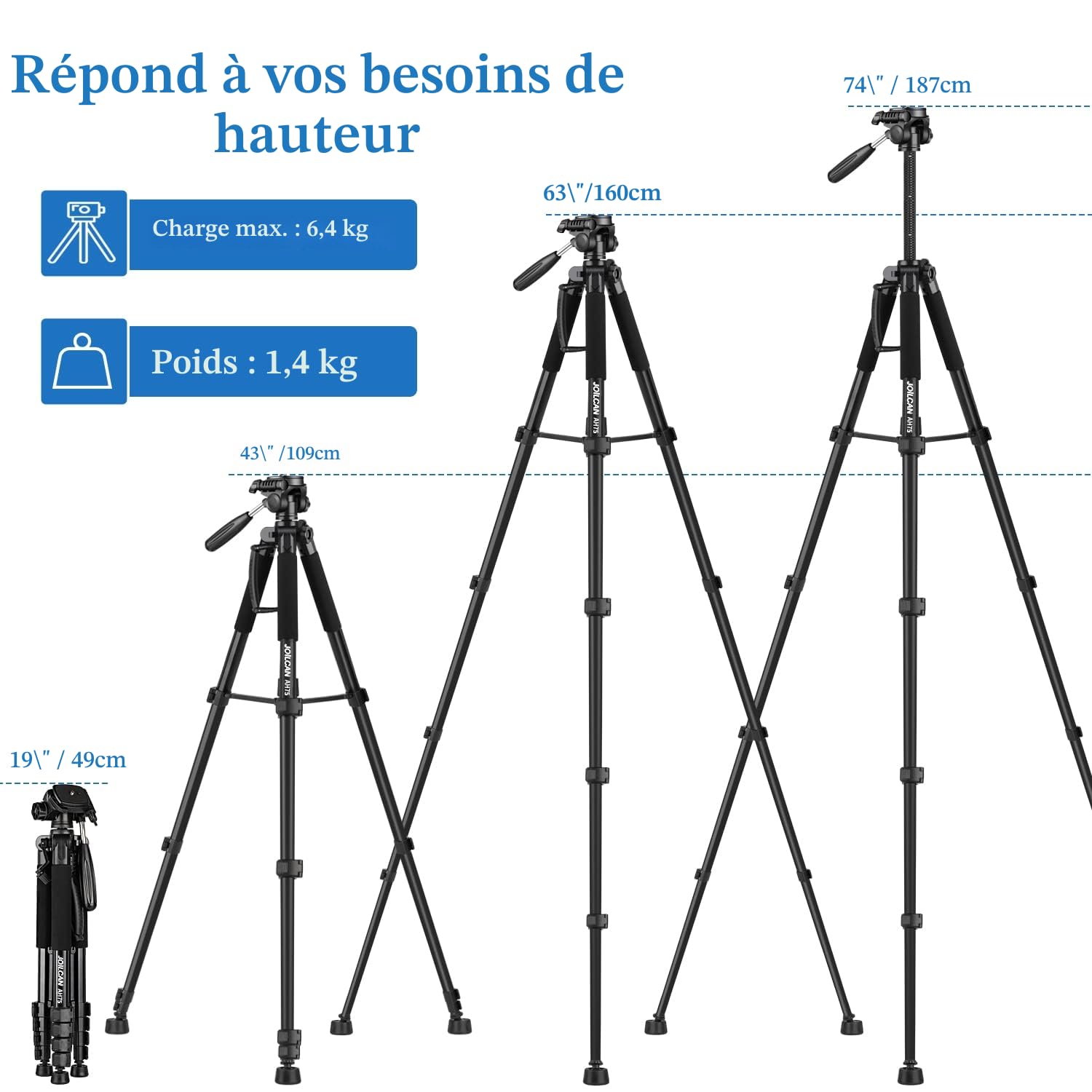 Trépied Appareil Photo pour Smartphone 187cm, JOILCAN Trépied Caméra avec Tête Pan Amovible à 3 Voies, Aluminium Portable Trepied pour Nikon Canon Sony DSLR, Téléphone Support pour iPhone (Noir)