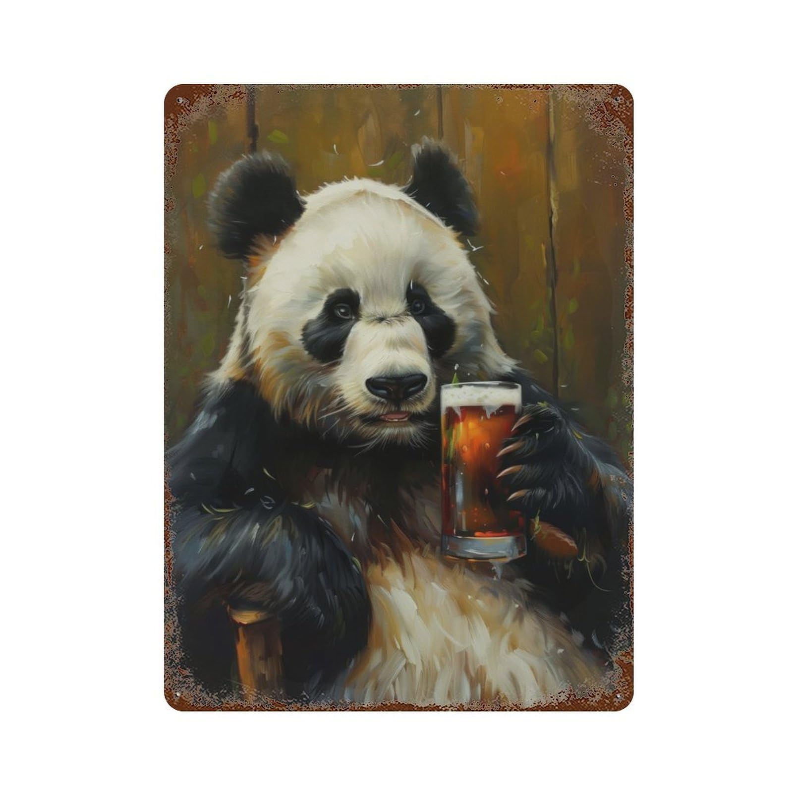 Rust Effect Beer Drinking Panda Distressed Metal Wall Sign 15.7"x11.8", Decorative Metal Wall Art for Living Room, Hallway And Home Decor