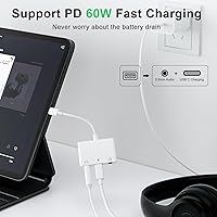 Vista 3 de Adaptador de Auriculares para iPad, Divisor de Auriculares para 2 Auriculares, Adaptador de Audio USB C a Jack de 3,5mm 3 en 1 con Carga Rápida