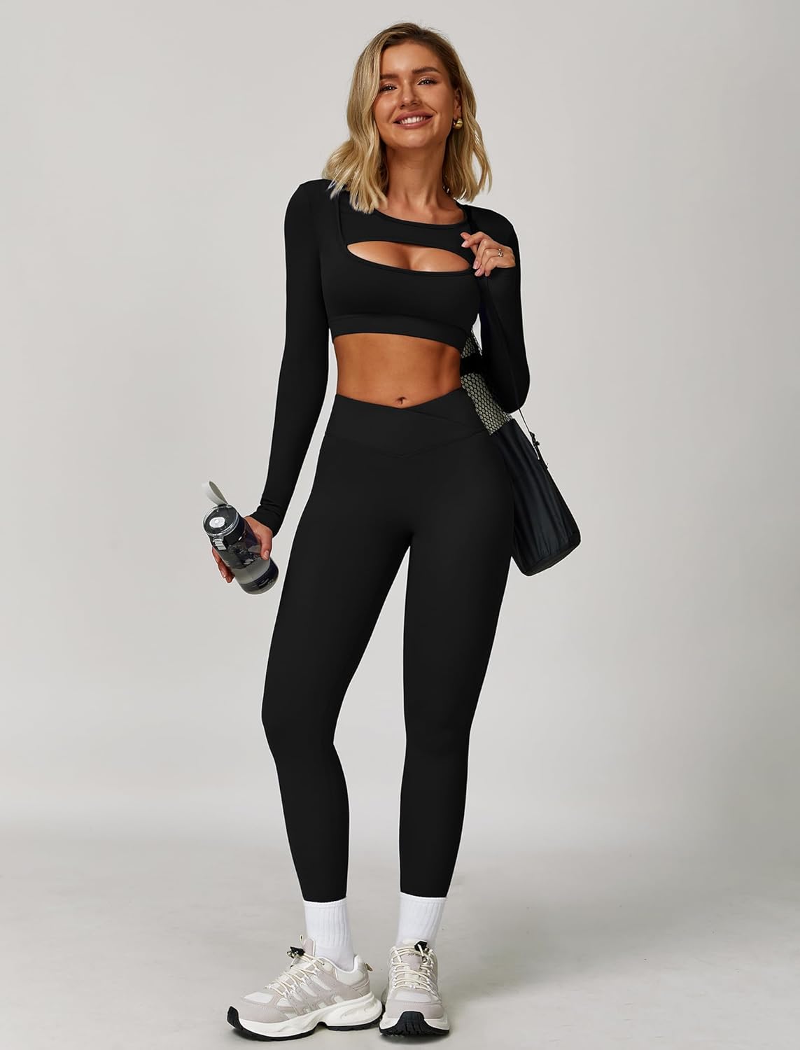 2 Piece Workout Sets for Women Seamless High Waist Flare Leggings Yoga Long Sleeve Cutout Crop Tops Athletic Sets - Image 5