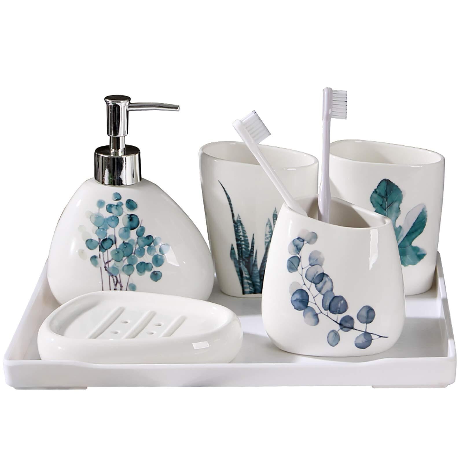 Juego de accesorios de baño de cerámica blanca juego de 5 piezas con dispensador de jabón