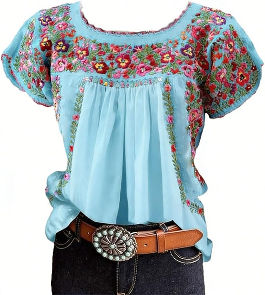 Pinclodly Women's Mexican Floral Embroidered Peasant Blouse - Short Sleeve Loose Fit Crew Neck Summer Boho Top