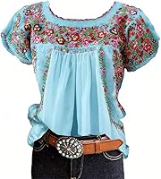 Pinclodly Women's Mexican Floral Embroidered Peasant Blouse - Short Sleeve Loose Fit Crew Neck Summer Boho Top