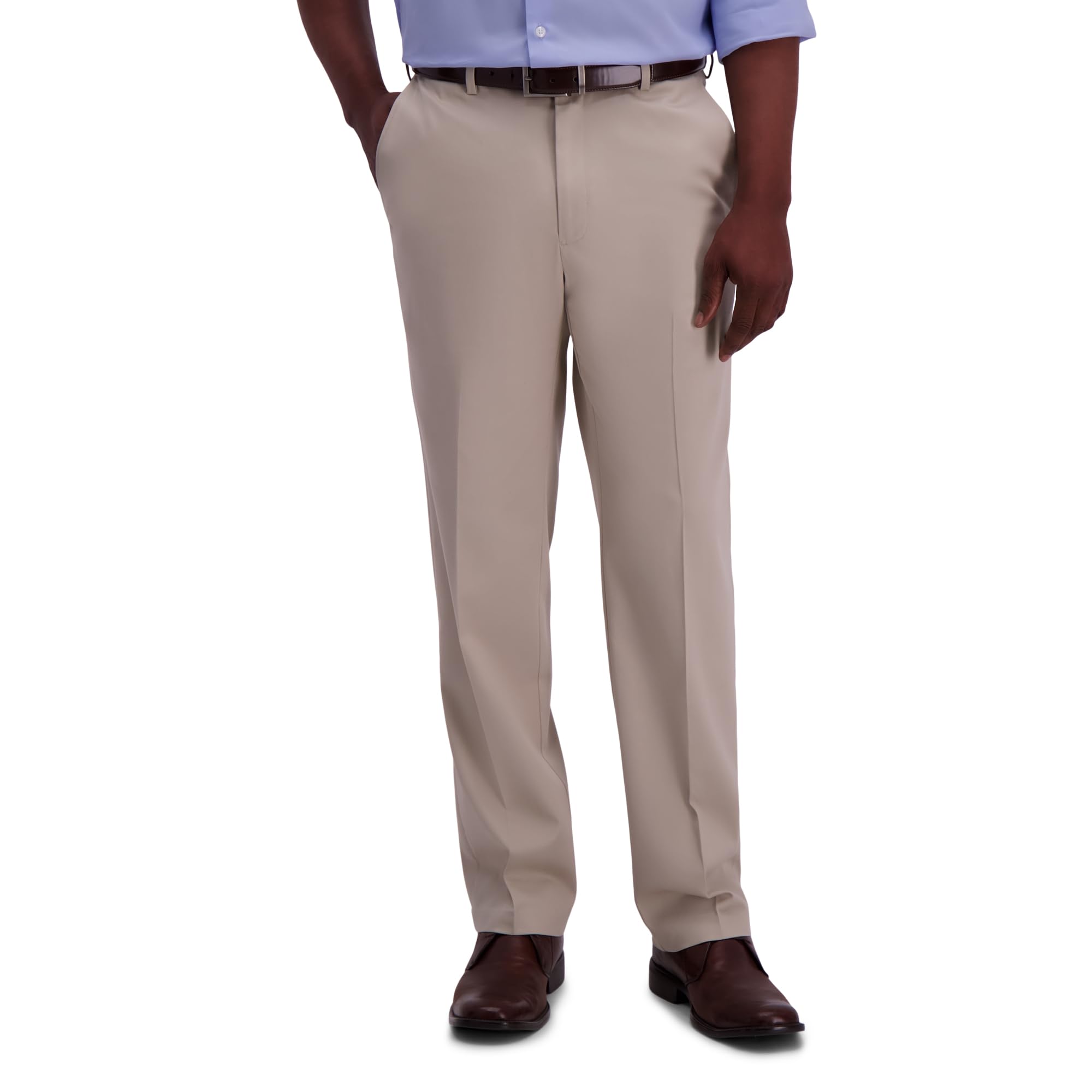 Haggar Men's Classic Fit Flat-Front Hidden Expandable Waistband Premium No Iron Khaki, 34W x 34L - Sand