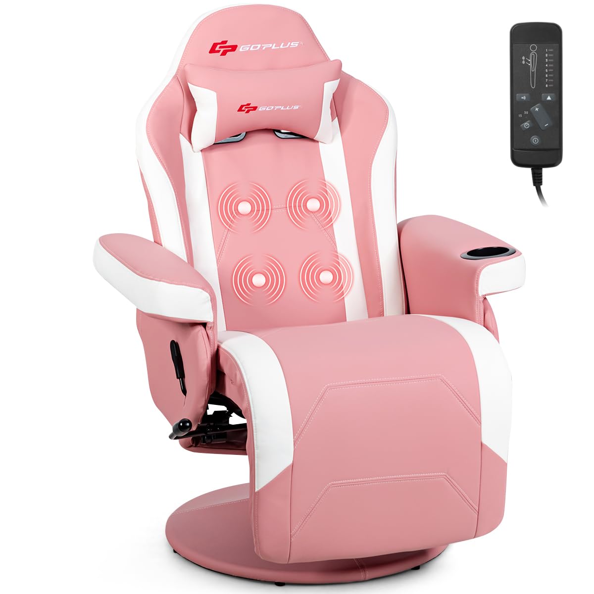 Goplus Pink Massage Gaming Chair, Racing Style Gaming Recliner w/Adjustable Backrest and Footrest, Ergonomic High Back PU Leather Computer Office Chair Swivel Game Chair w/Cup Holder and Side Pouch