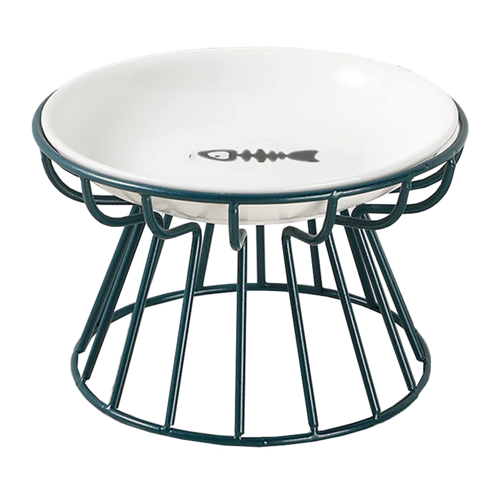 GALER Raised Cat Bowl, Cat Food Bowl with Metal Stand, Ergonomic Cat Plate Elevated Cat Bowls Ceramic Anti Vomit Cat Feeding Bowl Food Water Shallow Tilted Ceramic Dish for Cat Small s (Green, Fish)